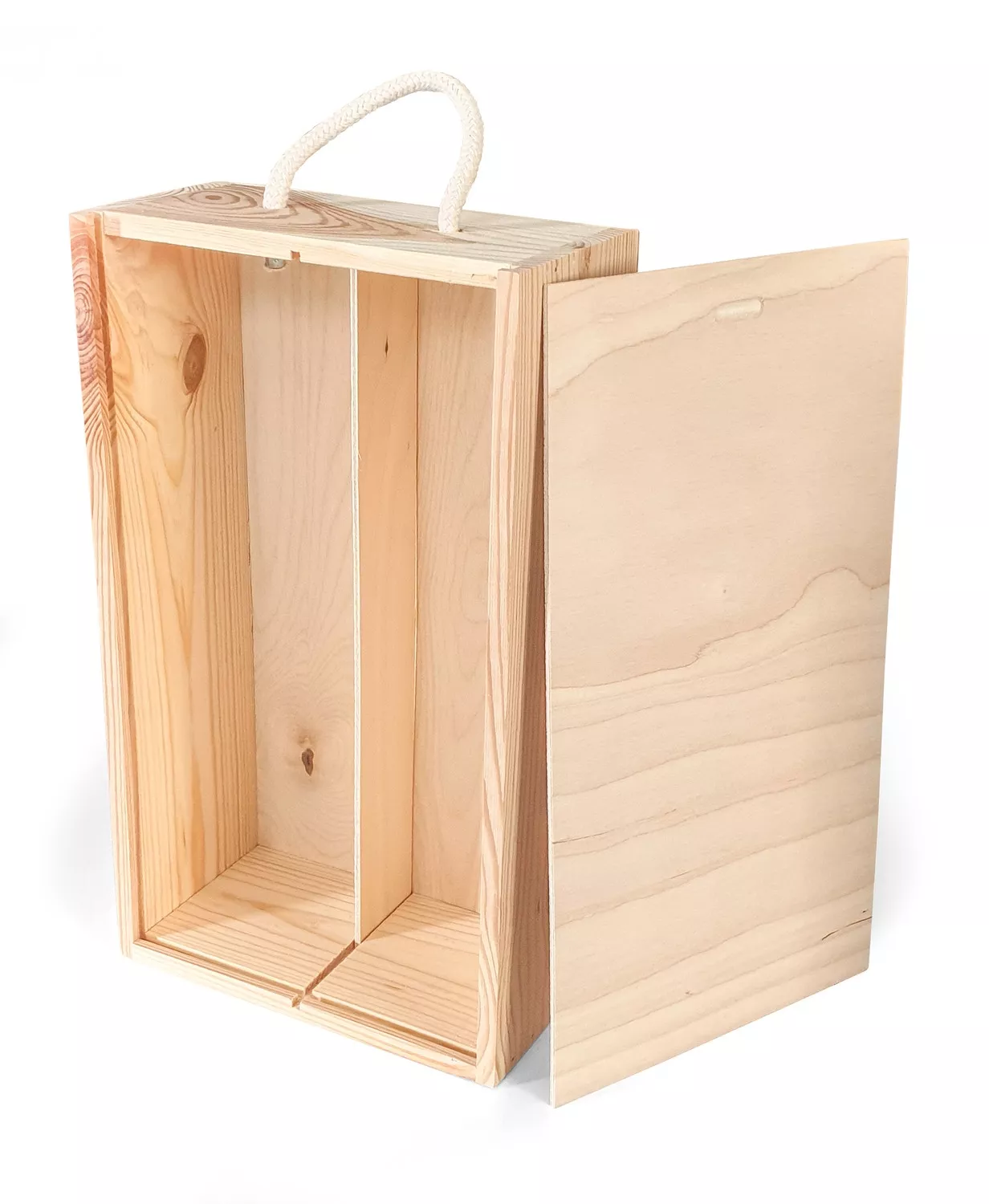 Boite à vin 2 bouteilles avec poignée et ouverture coulissante, en bois de bouleau