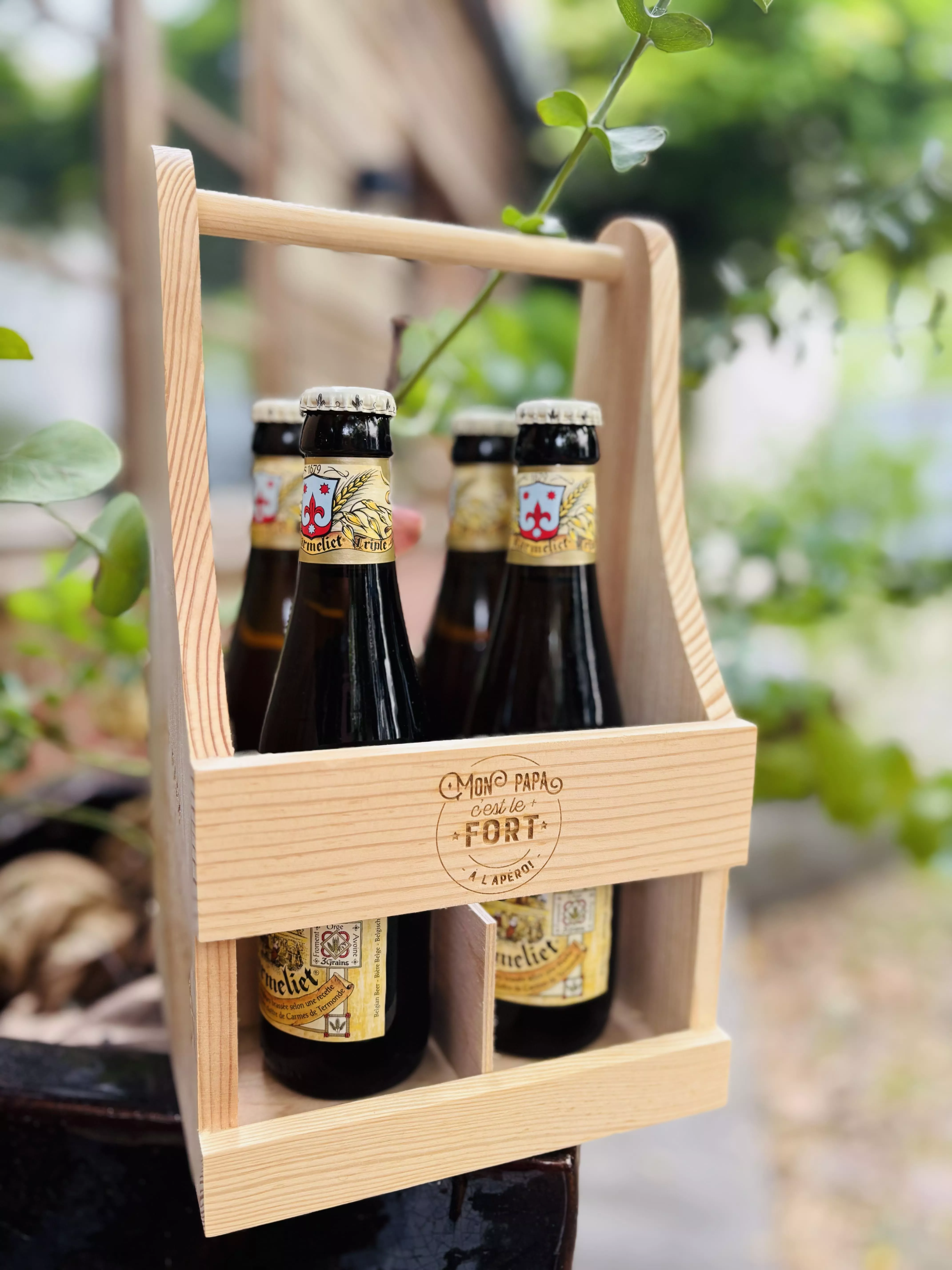 Porte-bouteilles en pin, avec poignée pour bouteilles 33 cl
