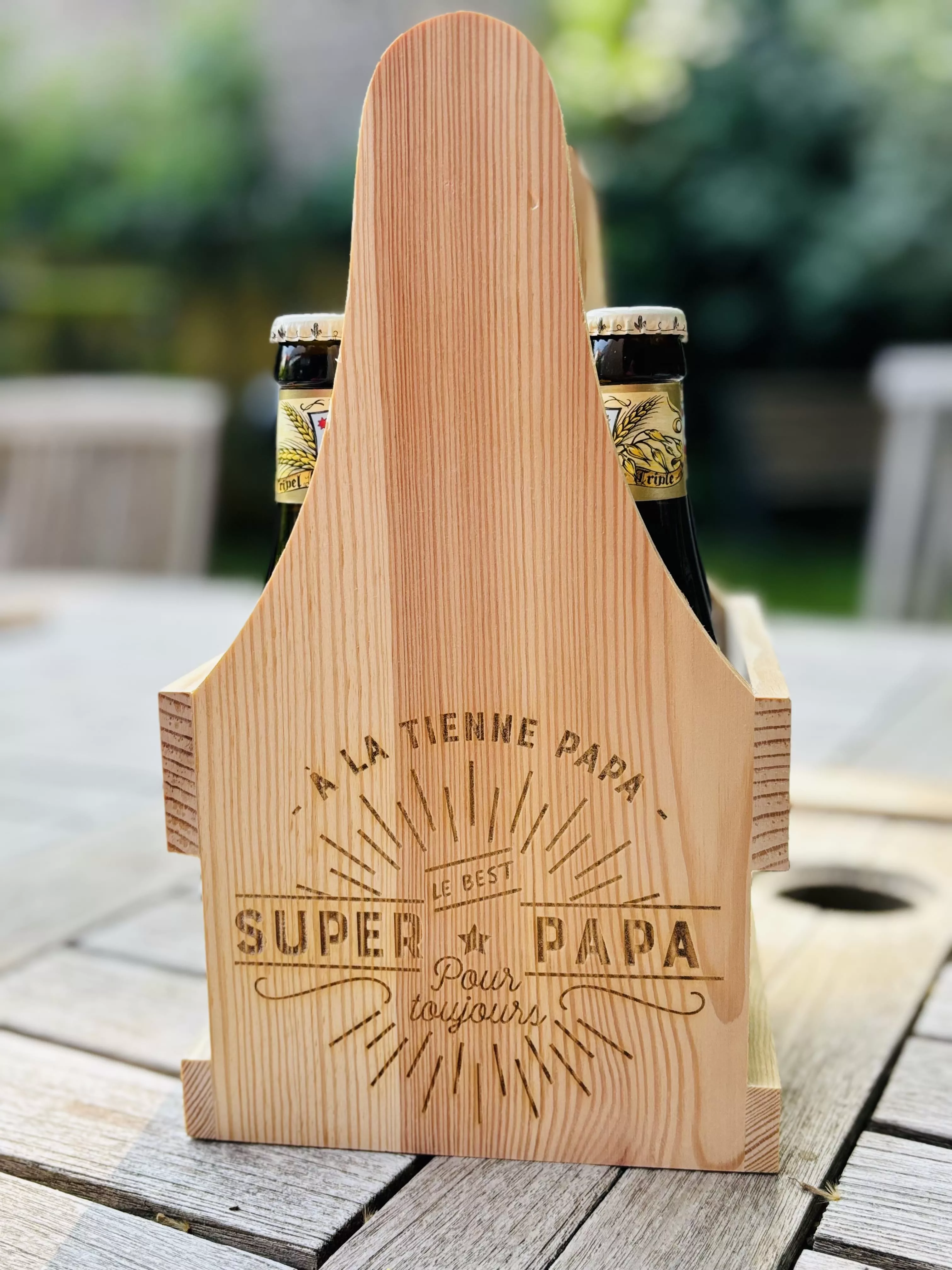 Porte-bouteilles en pin, avec poignée pour bouteilles 33 cl
